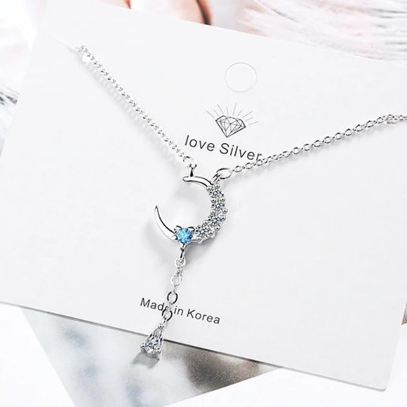 Jewelry - NEW 925 Sterling Silver Diamond Moon Drop Necklace